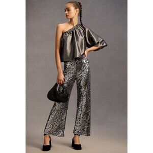 NWT Anthropologie Colette Cropped Wide-Leg Sequin Pants 28 Silver Cocktail $198